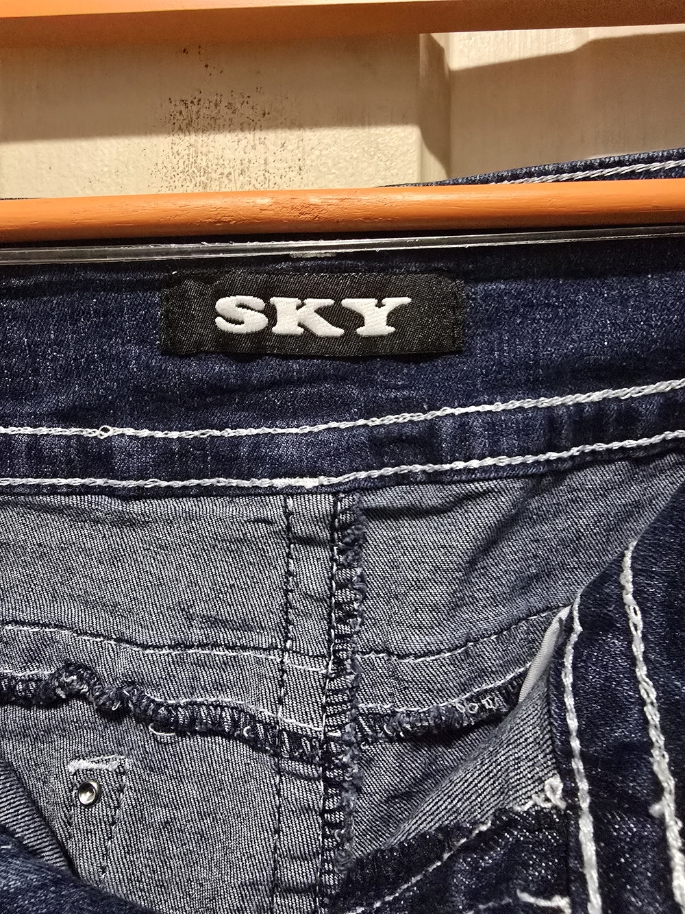 Sky Dark Blue Flare Jeans with Distressed Pocket Detail - Picture 2 of 4
